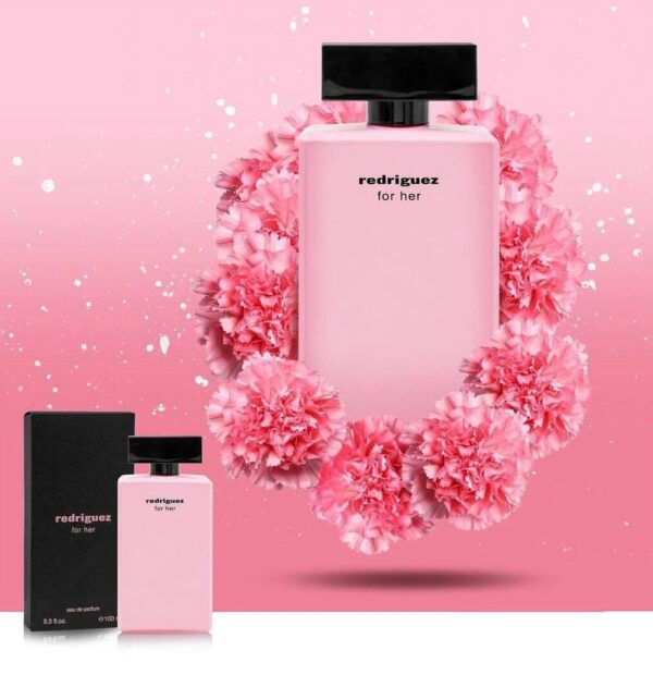 عطر ادکلن زنانه نارسیسو رودریگز صورتی فراگرنس ورد ردریگز فور هر (Fragrance World Narciso Rodriguez for Her Eau de Parfum) جعبه مشکی